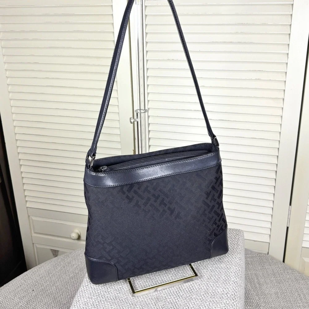 Classic Vintage Talbots Black Monogram Jacquard Leather Trim Shoulder Bag Purse